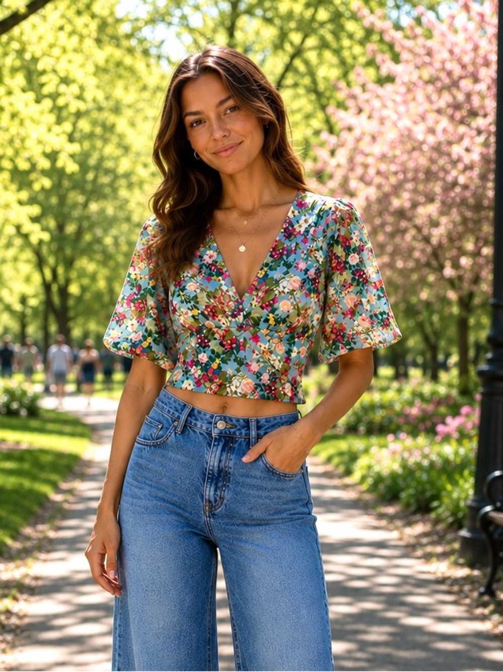 NWT- Fun Zara Blue Green Fuchsia Floral Top with Ruched Puff Sleeve